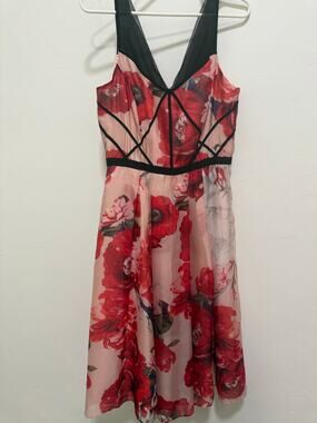 White House Black Market Pink & Red Floral Fit-and-Flare Midi Dress